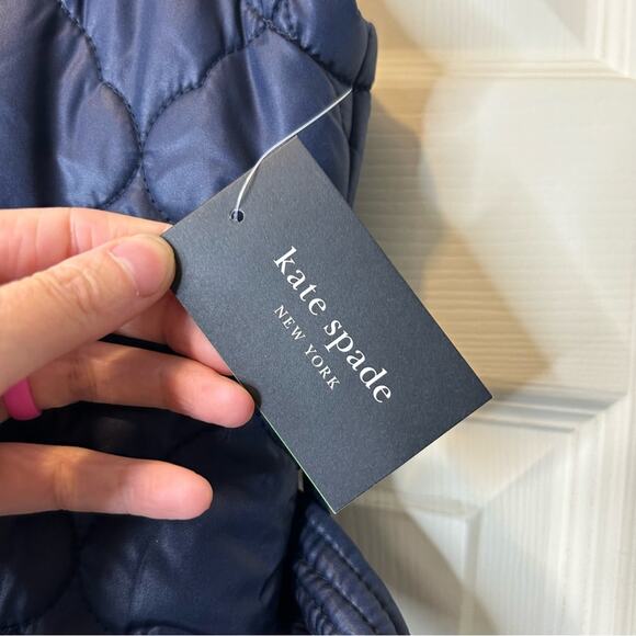 Kate Spade NY Quilted Zip Button Up Puffer Long Vest Navy Blue Tie Waist NWT NEW - Picture 6 of 11